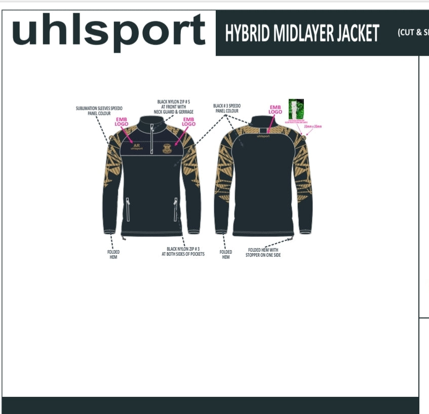 Uhlsport CRFC Padded Hybrid Zip Top Black / Gold - Adult